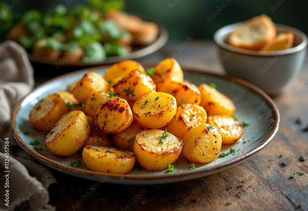 A plate of roasted potatoes with herbs and spices, served with a side of bread A plate of roasted potatoes with herbs and spices, served with a side of bread