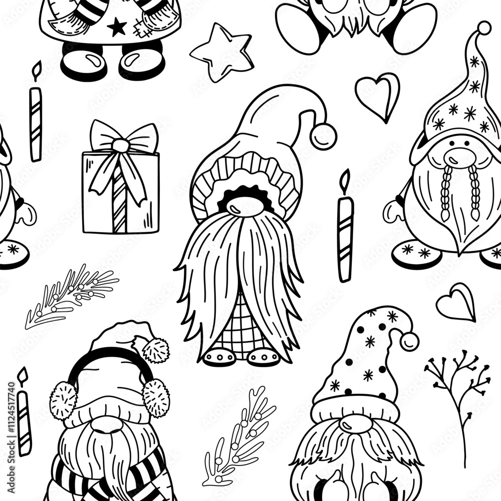 Fototapeta premium Seamless festive pattern with dwarfs and holiday elements