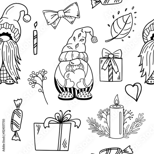 Seamless pattern with gnomes, gifts, and festive decor elements photo