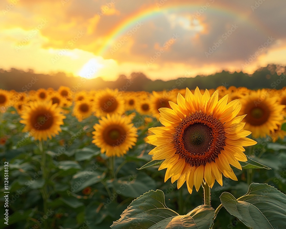 Fototapeta premium Magical Sunflower Field with Rainbow Arching Over Serene Rural Landscape