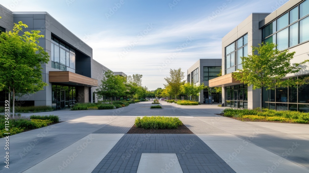 Modern Business District with Greenery and Clear Blue Sky in Urban Setting During Daylight Modern Business District with Greenery and Clear Blue Sky in Urban Setting During Daylight