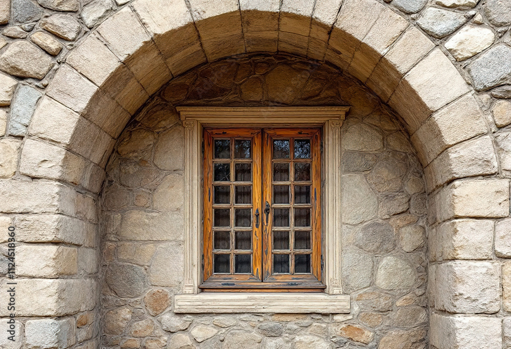 An old stone archway with a latticed window, set against a stone wall background An old stone archway with a latticed window, set against a stone wall background