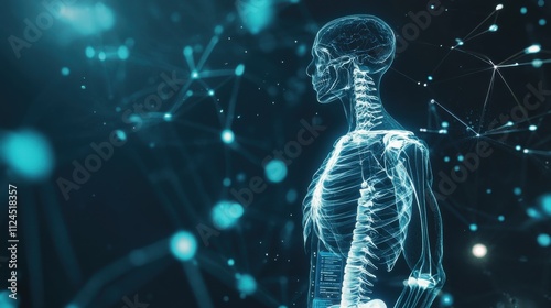 An abstract digital image of a human skeleton with glowing joints and data elements floating around against a dark background, Futuristic style, photo of