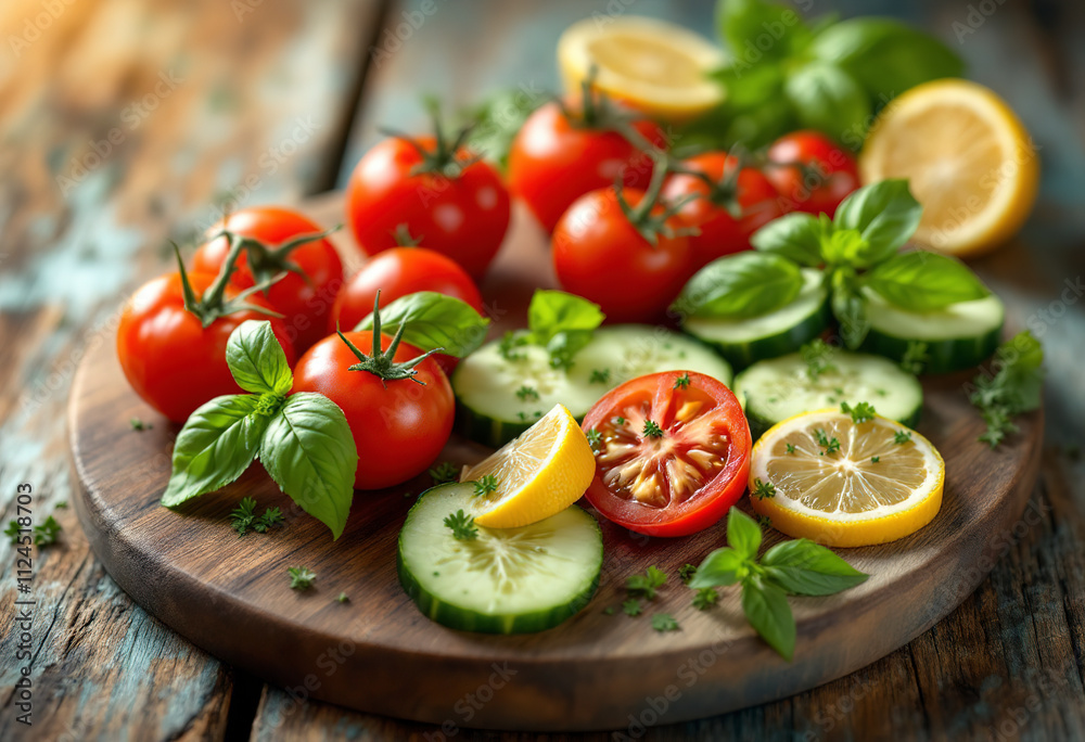 Basil, tomatoes, cucumber and lemon slices with fresh herbs on an old wooden board Basil, tomatoes, cucumber and lemon slices with fresh herbs on an old wooden board