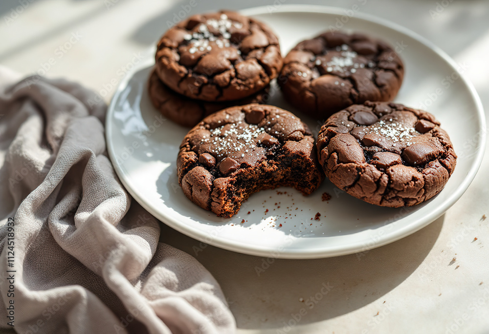Chocolate cookies or brownies on a white plate, with a light background Chocolate cookies or brownies on a white plate, with a light background