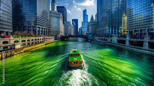 Chicago River Green Dyeing: A vibrant riverboat cruises down Chicago's iconic green river during the St. Patrick's Day celebration.  The city's skyscrapers create a stunning backdrop.