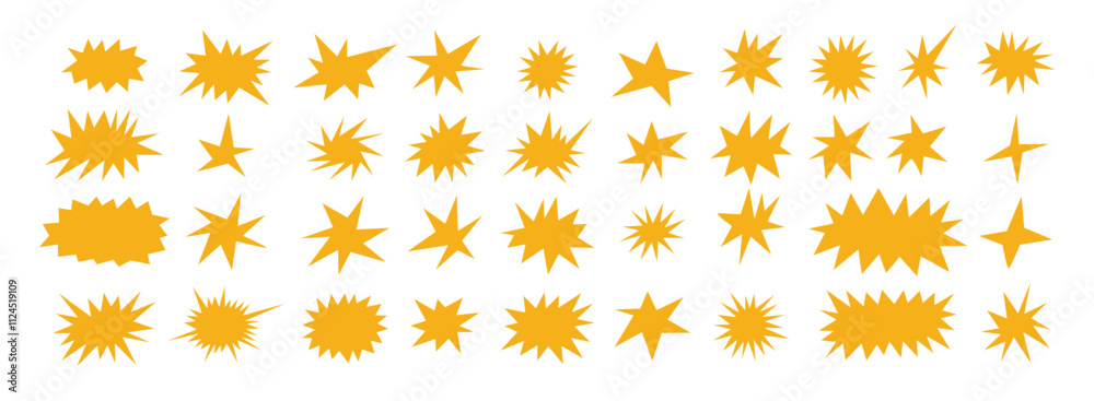 Starburst shapes set. Cute yellow collection of stars and sparkle doodle