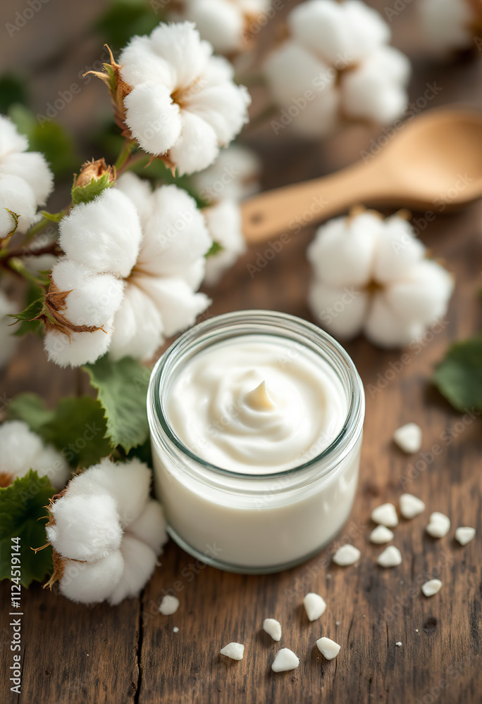 Cotton flowers and a jar of cream on a wooden surface Cotton flowers and a jar of cream on a wooden surface