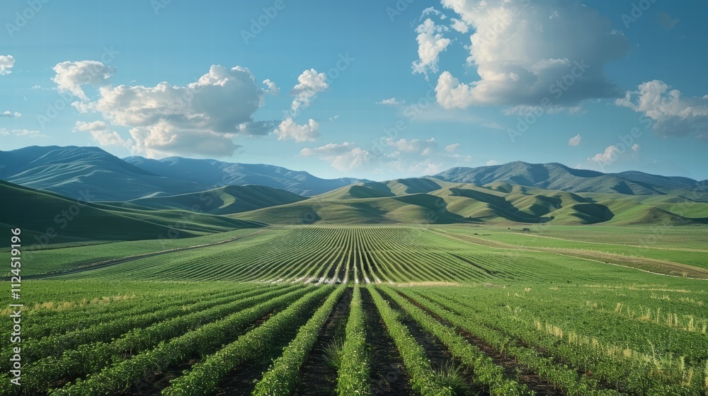 Rows of solar panels reflecting sunlight in a vast open field, with green hills and mountains in the distance Rows of solar panels reflecting sunlight in a vast open field, with green hills and mountains in the distance