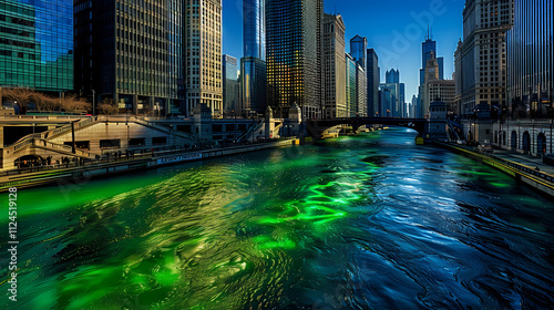 Chicago River Dyed Green for St. Patrick's Day: A captivating aerial view showcases the iconic Chicago River transformed into a vibrant emerald hue for the annual St. Patrick's Day celebration. photo