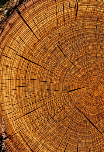 Closeup of a cross-section of a tree trunk, showing the intricate patterns and textures of the wood grain and growth rings