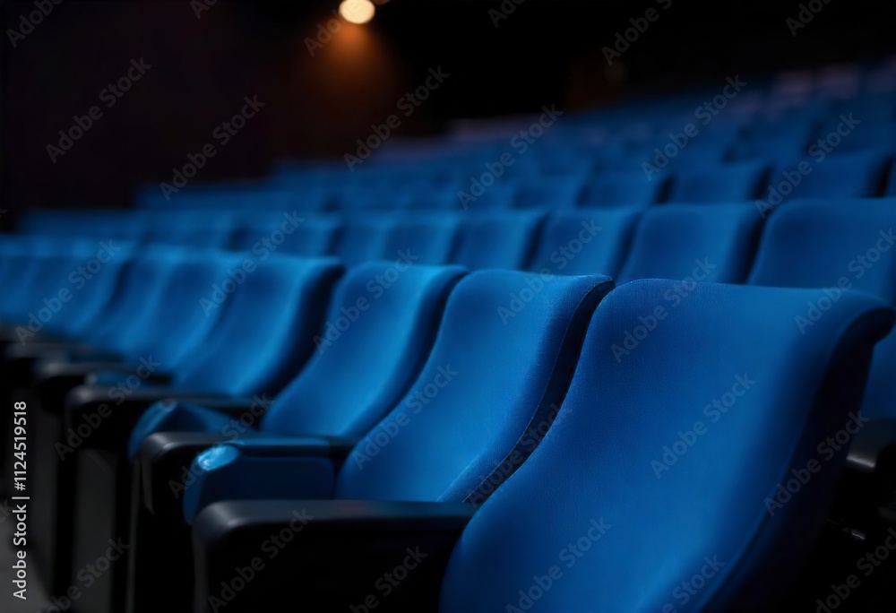 Rows of blue theater seats in an auditorium or stadium