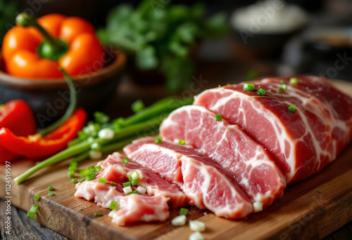 Sliced raw pork belly with green onions and red bell pepper on a wooden cutting board