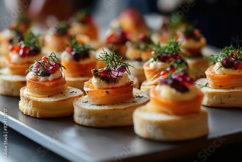 elegant appetizer platter canapés vibrant garnishes buffet catering banquet business lunch celebration dining food indoor arrangement