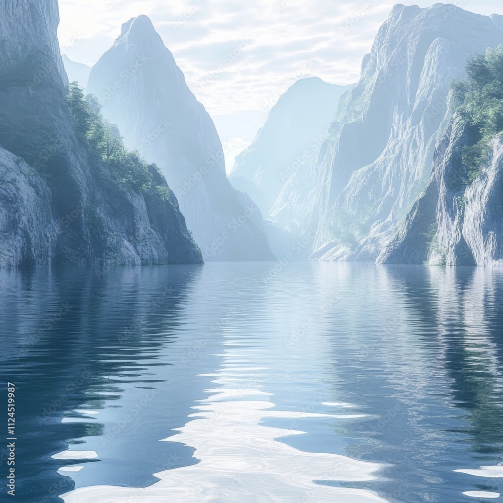 Serene landscape of misty mountains reflecting in a calm lake, creating a tranquil atmosphere.