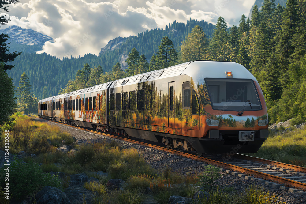 Colorful regional train travels through a picturesque mountain valley, showcasing sustainable transportation amidst nature Colorful regional train travels through a picturesque mountain valley, showcasing sustainable transportation amidst nature