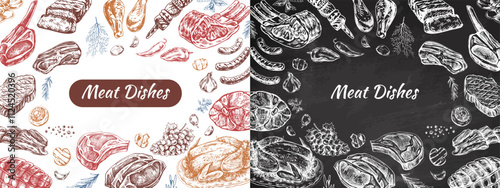 Meat dishes design for restaurant menu card and branding collection