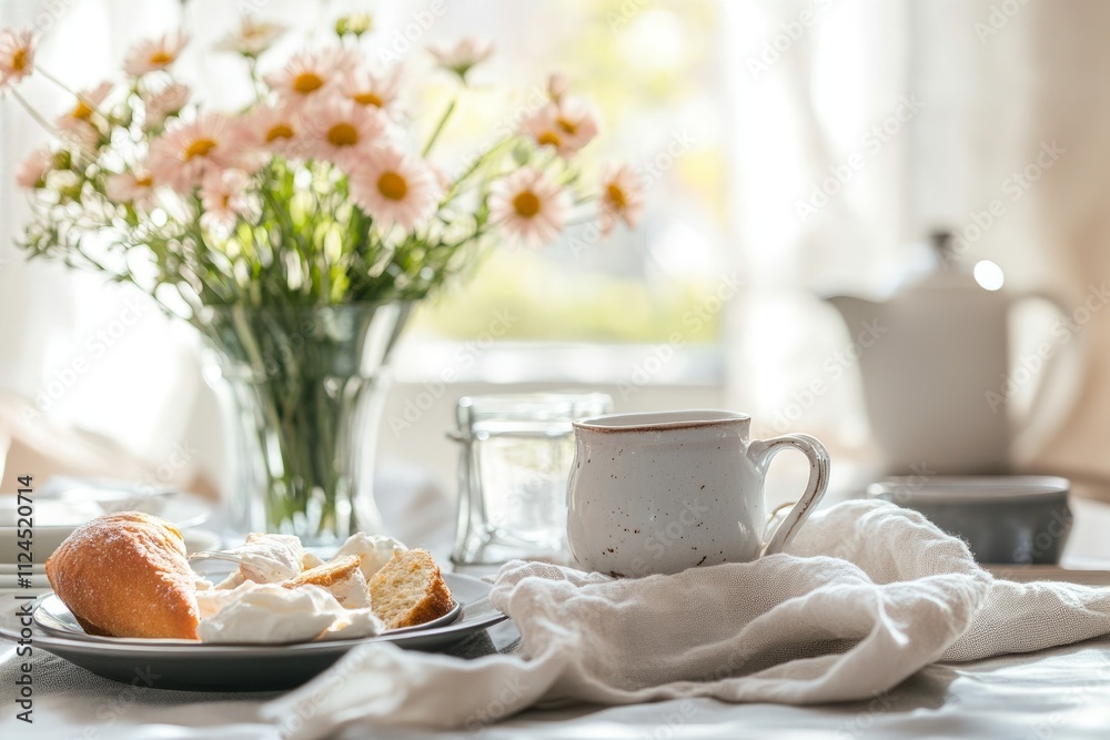 Beautifully arranged Mother's Day breakfast table with flowers, no person in frame, soft natural light, inviting atmosphere, minimalistic decor. Beautifully arranged Mother's Day breakfast table with flowers, no person in frame, soft natural light, inviting atmosphere, minimalistic decor.