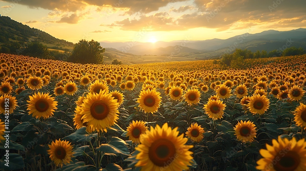 Obraz premium Vast Sunflower Field Swaying in the Wind Under Soft Pastel Sky at Dawn