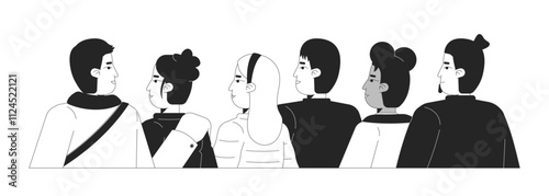 Urban diverse people in winter outerwear gazing black and white 2D line characters. Street audience multiracial adults looking watching isolated vector outline people. Monochromatic spot illustration
