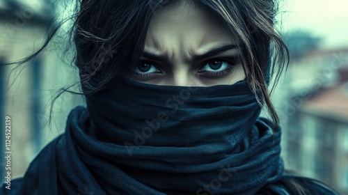 girl with a gag in her mouth as a symbol of censorship. Silence of issues of discrimination. Woman victim with black scotch and closed pose. Concept of slavery, violence,childish harassment