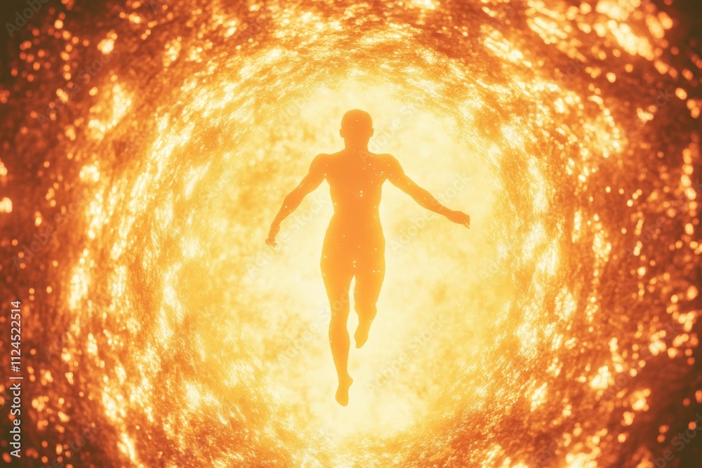 A silhouetted figure, representing a human form, emerges from a radiant, swirling golden vortex of light. A silhouetted figure, representing a human form, emerges from a radiant, swirling golden vortex of light.