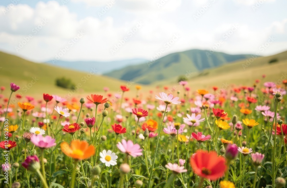Sunlit field of wildflowers with rolling hills in background Sunlit field of wildflowers with rolling hills in background