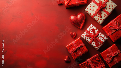 Red hearts and gift boxes on the red background with a large copy space, st.valentine day concept