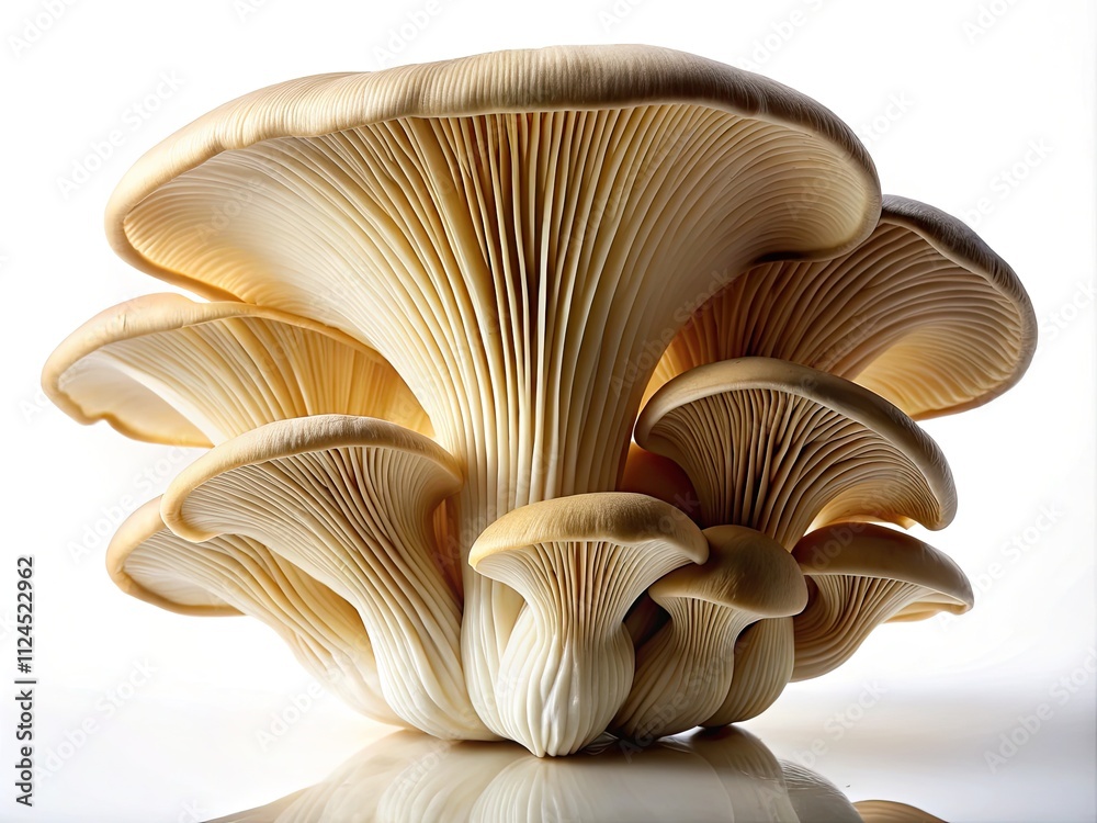 Striking oyster mushroom silhouette, crisp white background. High-resolution food photography, ideal for stock use. Striking oyster mushroom silhouette, crisp white background. High-resolution food photography, ideal for stock use.