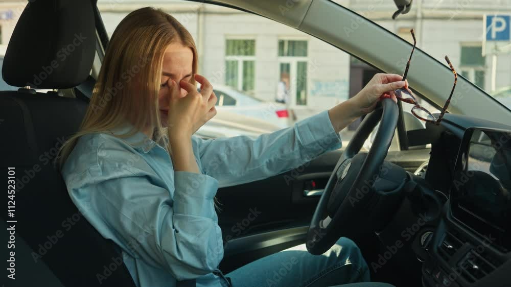 Tired woman driving take off eyeglasses vision rubbing eyes car girl ...