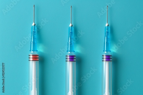 Medical syringes on a solid blue background with space for text and inscriptions