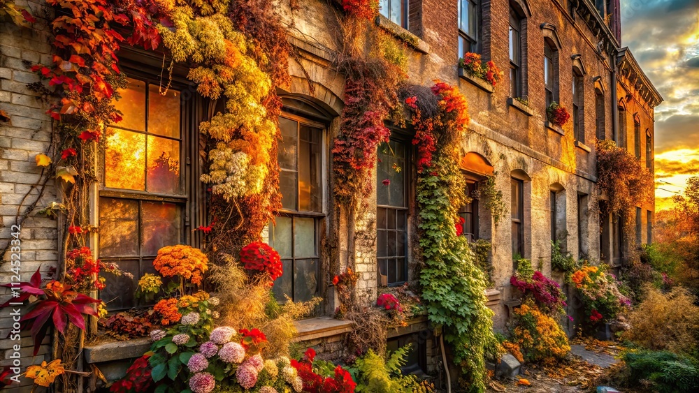 Fototapeta premium Urban decay whispers of Thanksgivings past, amidst fallen flowers, spilled grain, and crumbling walls.