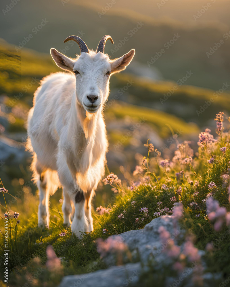 Obraz premium farm goat grazing, little goat in chamomile, goat walking in meadow, baby goat on farmland, rural goat field, chamomile meadow with goat, goat eating in pasture, young goat walking, goat amidst wildfl