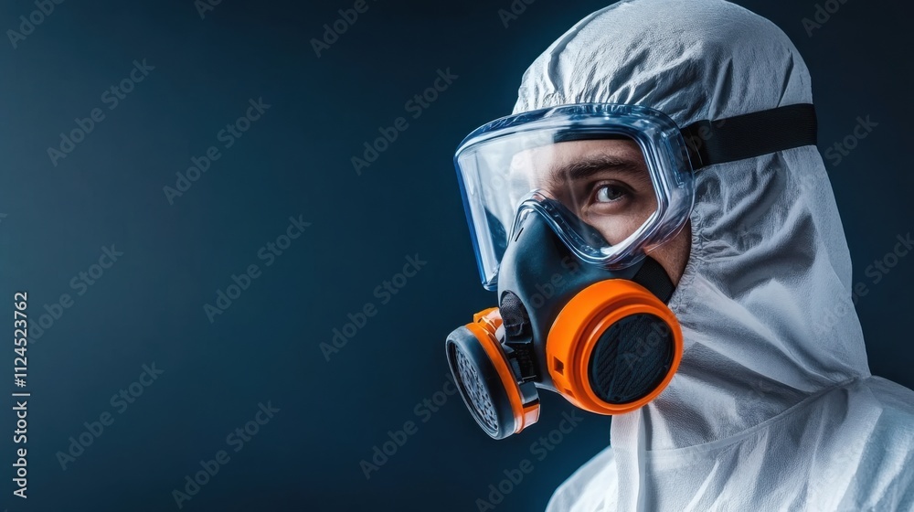 Person in Protective Gear Wearing Gas Mask for Safety in Hazardous Environments with Dark Background