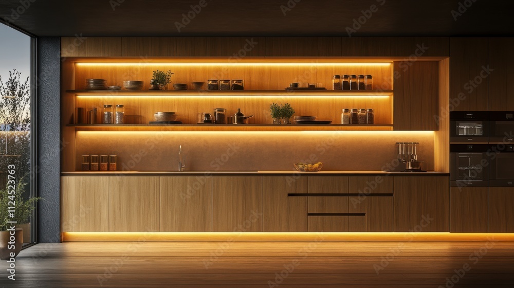 Modern Minimalist Kitchen with Warm Ambient Lighting and Stylish Wooden Finishes Modern Minimalist Kitchen with Warm Ambient Lighting and Stylish Wooden Finishes