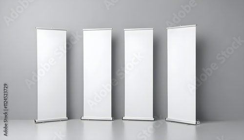 Three blank white roll-up banners on a gray background