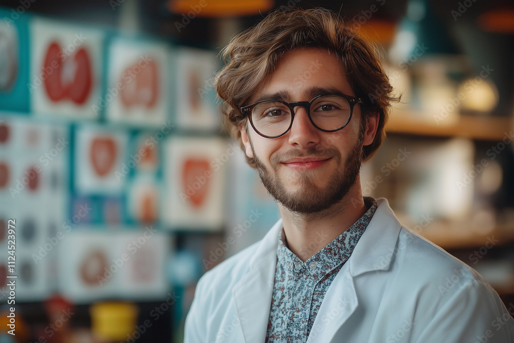 Fototapeta premium Young man in lab coat smiles inside modern laboratory space. Generative AI