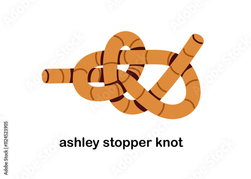 Ashley stopper knot, rope tying, binding. Durable reliable strong connection with loops. Fastening fixed cord for safety, security. Flat graphic vector illustration isolated on white background