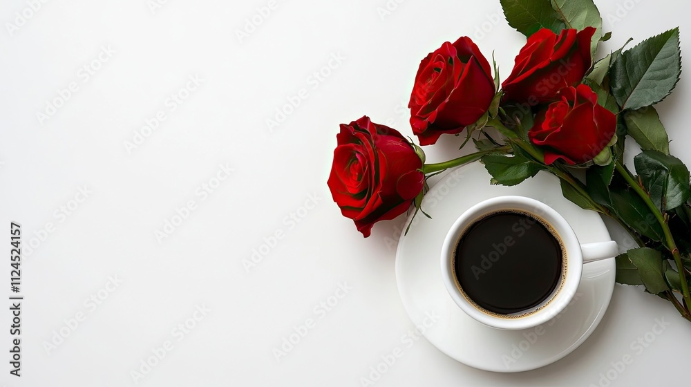 Valentine's day frame with love gifts, coffee, bouquet of red roses on white background. Romantic greeting card for dating. View from above. Valentine's day frame with love gifts, coffee, bouquet of red roses on white background. Romantic greeting card for dating. View from above.