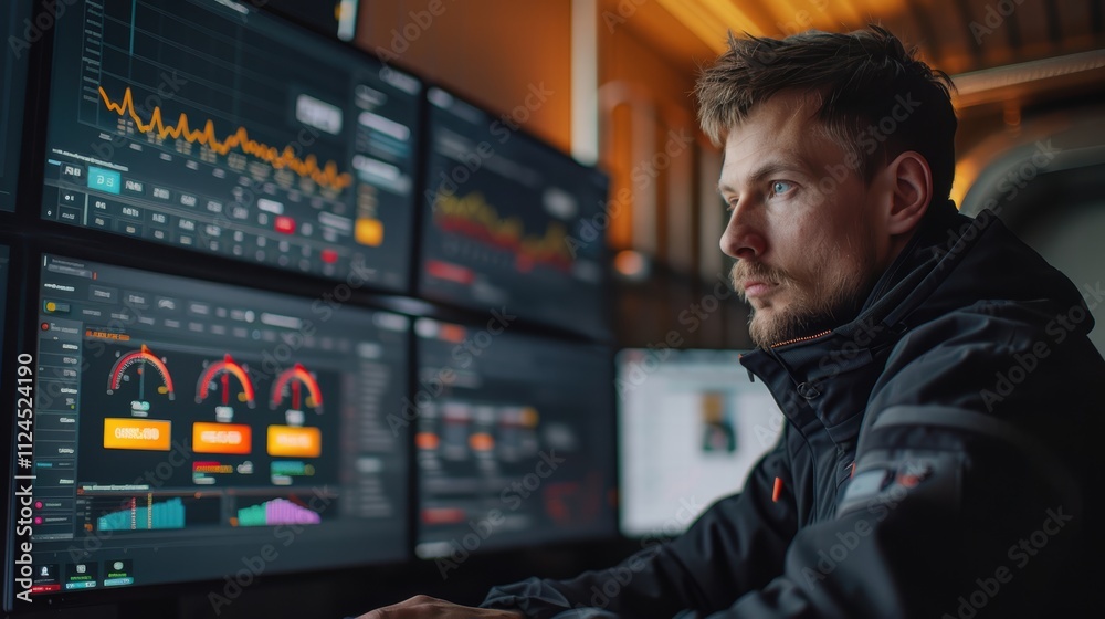 Technicians monitoring geothermal plant controls on a digital dashboard, with live data of heat conversion and energy output Technicians monitoring geothermal plant controls on a digital dashboard, with live data of heat conversion and energy output