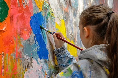 Teenage Girl Creating Art in a Vibrant - Messy Studio photo