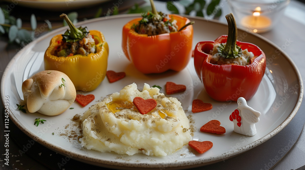 A holiday dinner plate featuring festive items like stuffed bell peppers, mashed potatoes, and a small bread roll shaped like a dove. A holiday dinner plate featuring festive items like stuffed bell peppers, mashed potatoes, and a small bread roll shaped like a dove.