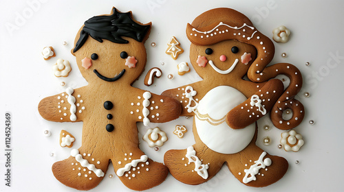 A heartwarming Christmas scene featuring two gingerbread figures on a pure white background.