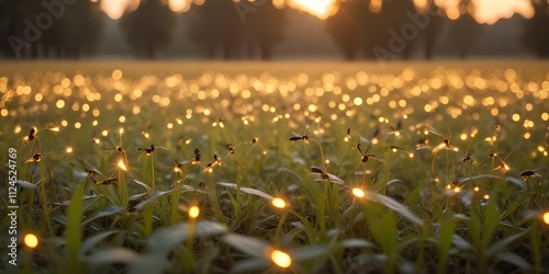 A field of glowing fireflies or lightning bugs against a blurred golden sunset background with sparkling bokeh effects