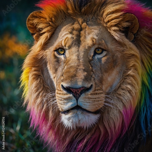 A lion painted in vibrant rainbow colors. photo