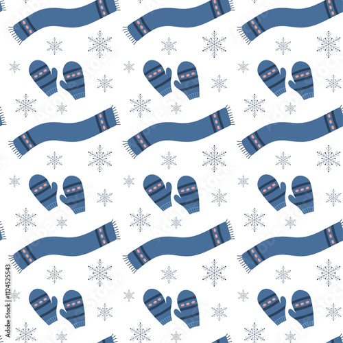 Christmas seamless pattern for packaging and wrapping paper. Blue scarf and mittens with stripes. Blue snowflakes on white background. Winter print for gift bag. Vector illustration. Ornament.