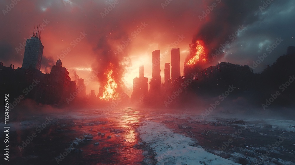Cataclysmic City Collapse Crumbling Skyline Ravaged by Earth s Fury and Flames Cataclysmic City Collapse Crumbling Skyline Ravaged by Earth s Fury and Flames