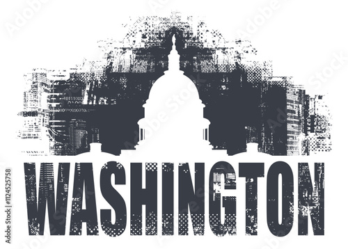 Vector banner or card with US Capitol Building in Washington DC  in art grunge background of spots and geometric shapes from elements of big city architecture. suitable for logo, t-shirt design.