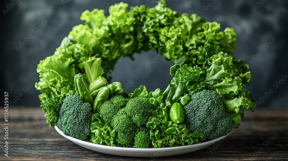A circular arrangement of fresh green vegetables on a plate. A circular arrangement of fresh green vegetables on a plate.