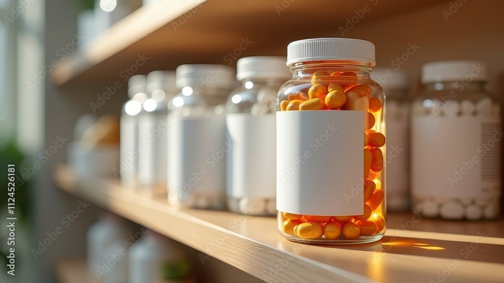 A jar of vitamins on a shelf. A jar of vitamins on a shelf.